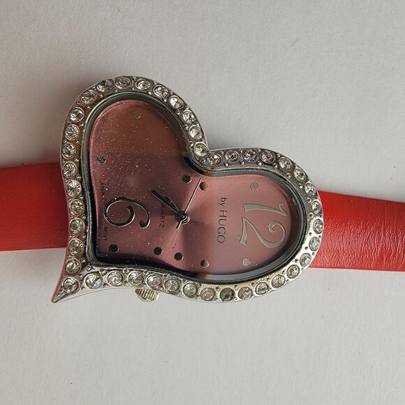 Vintage Watches Heart Crystal Watch by Hugo Red Strap Quartz Valentine Style - Picture 8 of 10